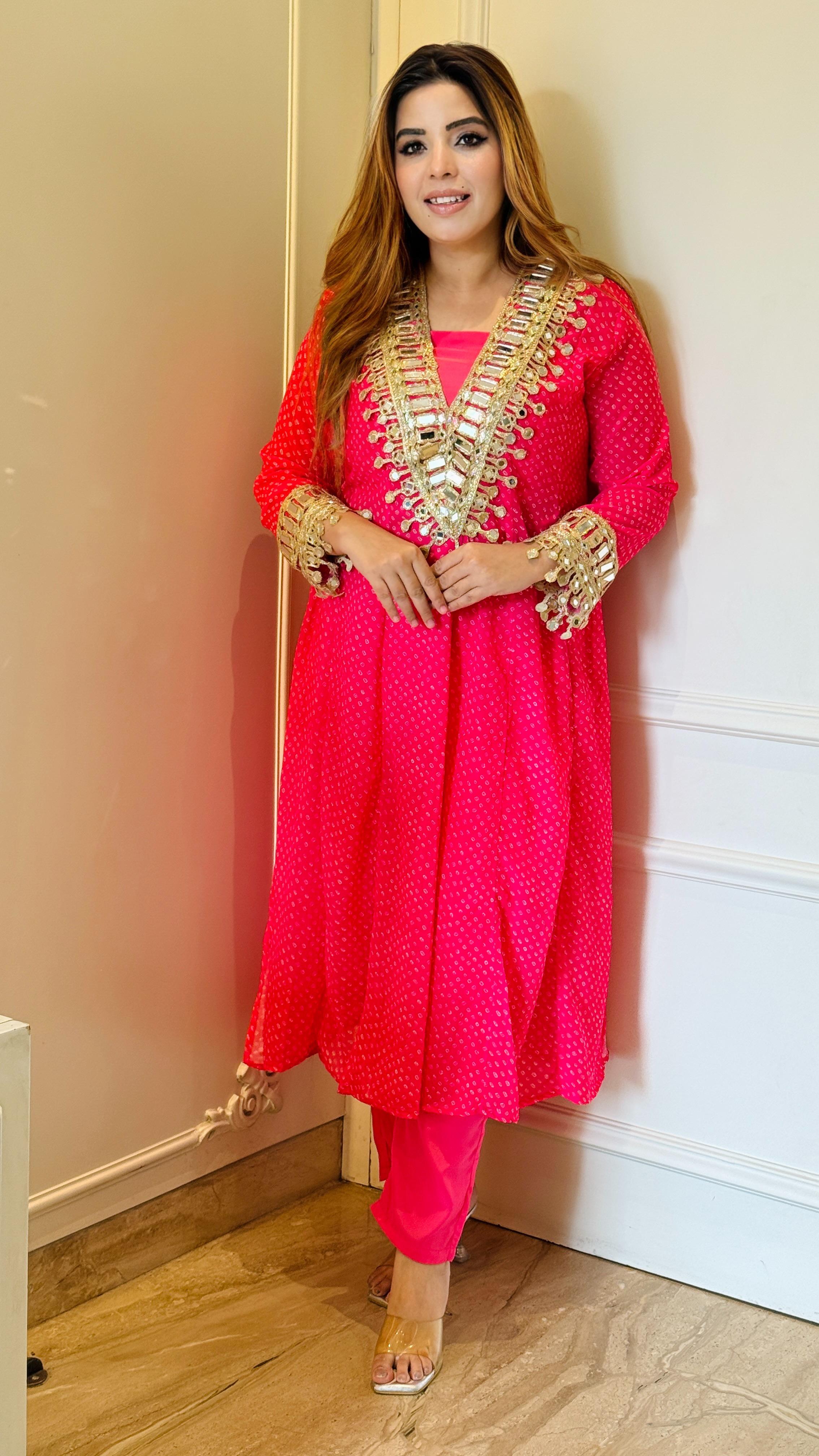 Bandhani Slit Kurta Set- Yellow, Blue, Pink